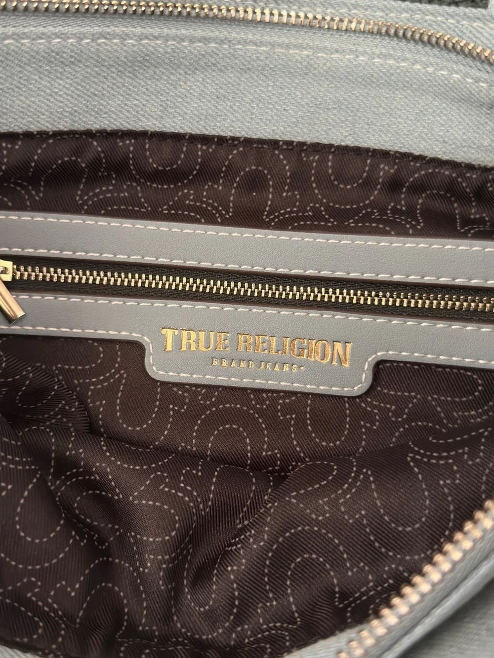 True Religion Light Gray Canvas Tote with Front Pockets and Gold Hardware